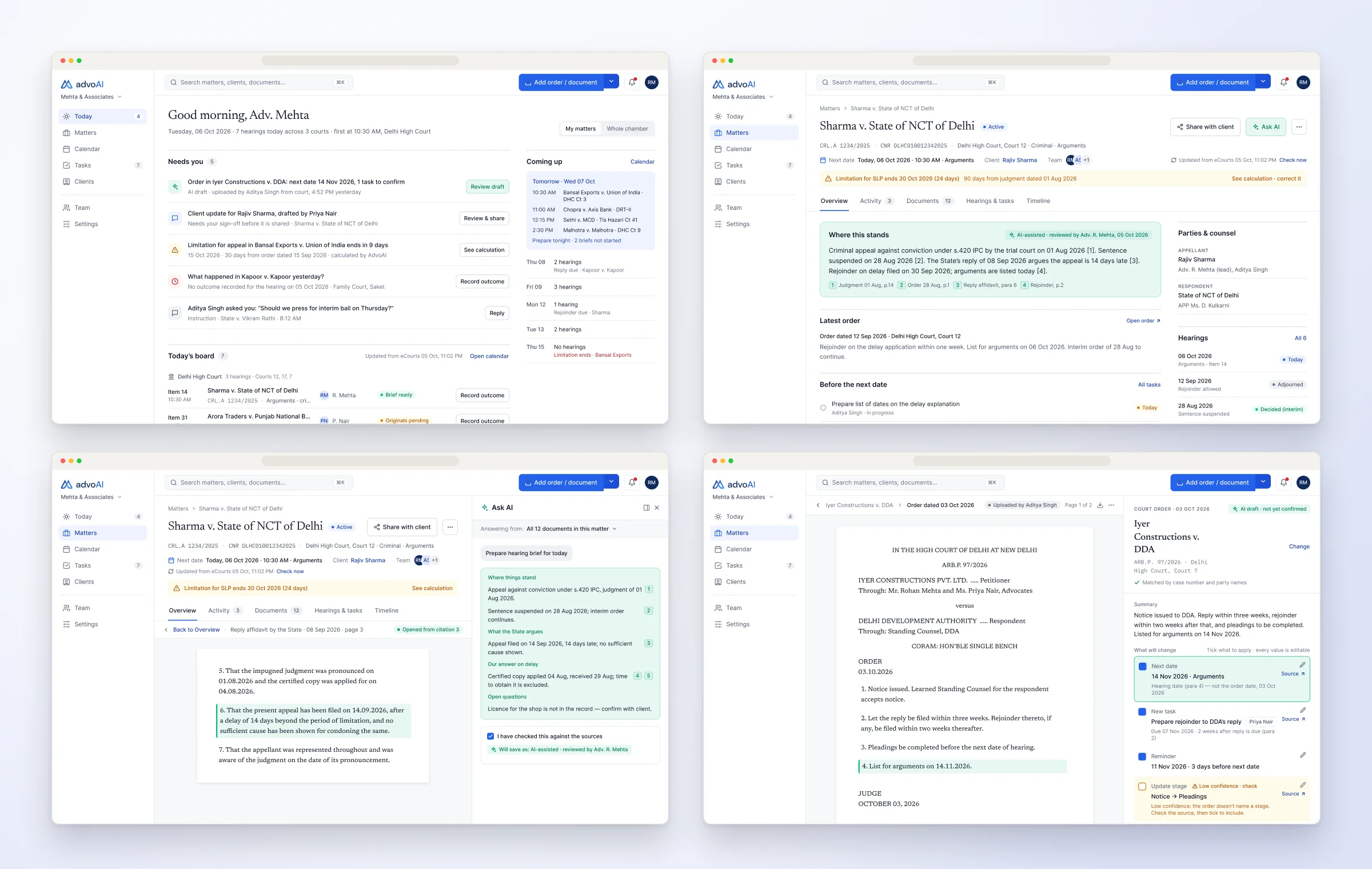 Final designs — Today, Matter overview, Ask AI with cited sources, and the order confirm card
