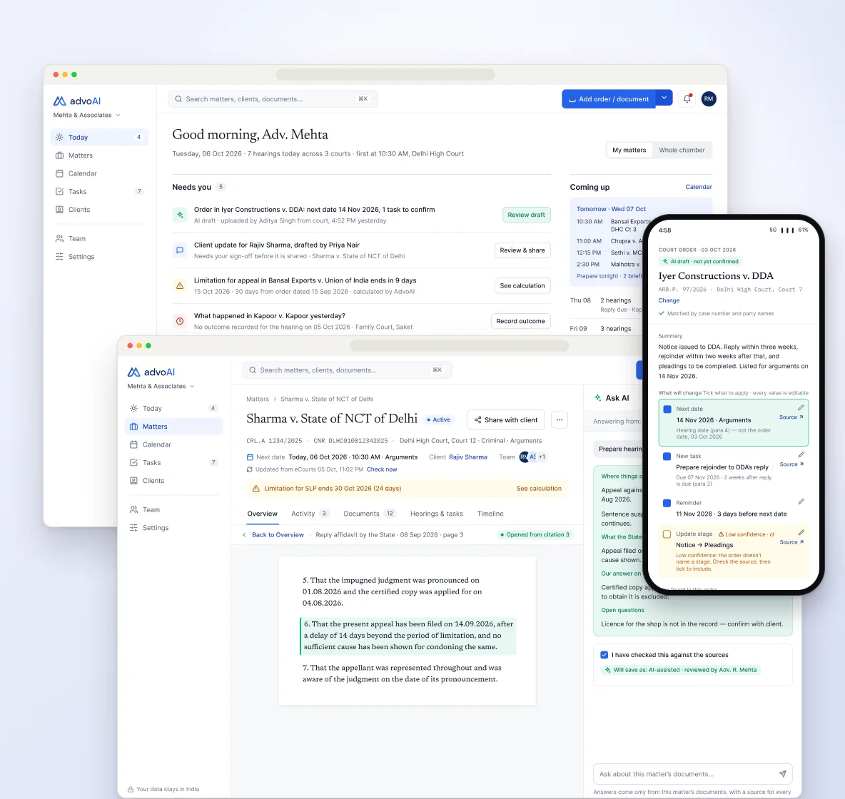 AdvoAI — key screens
