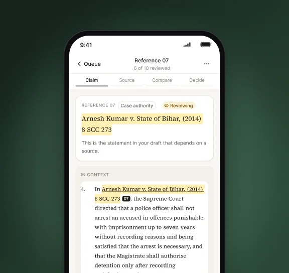 LiTL mobile review screen: checking a case citation against its source
